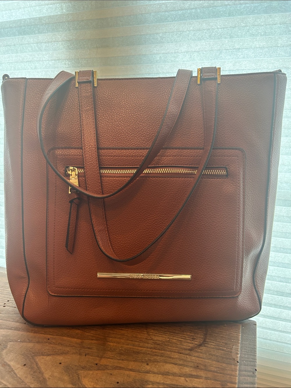 Steve Madden Brown Pebbled Leather Laptop Tote with Gold Accents